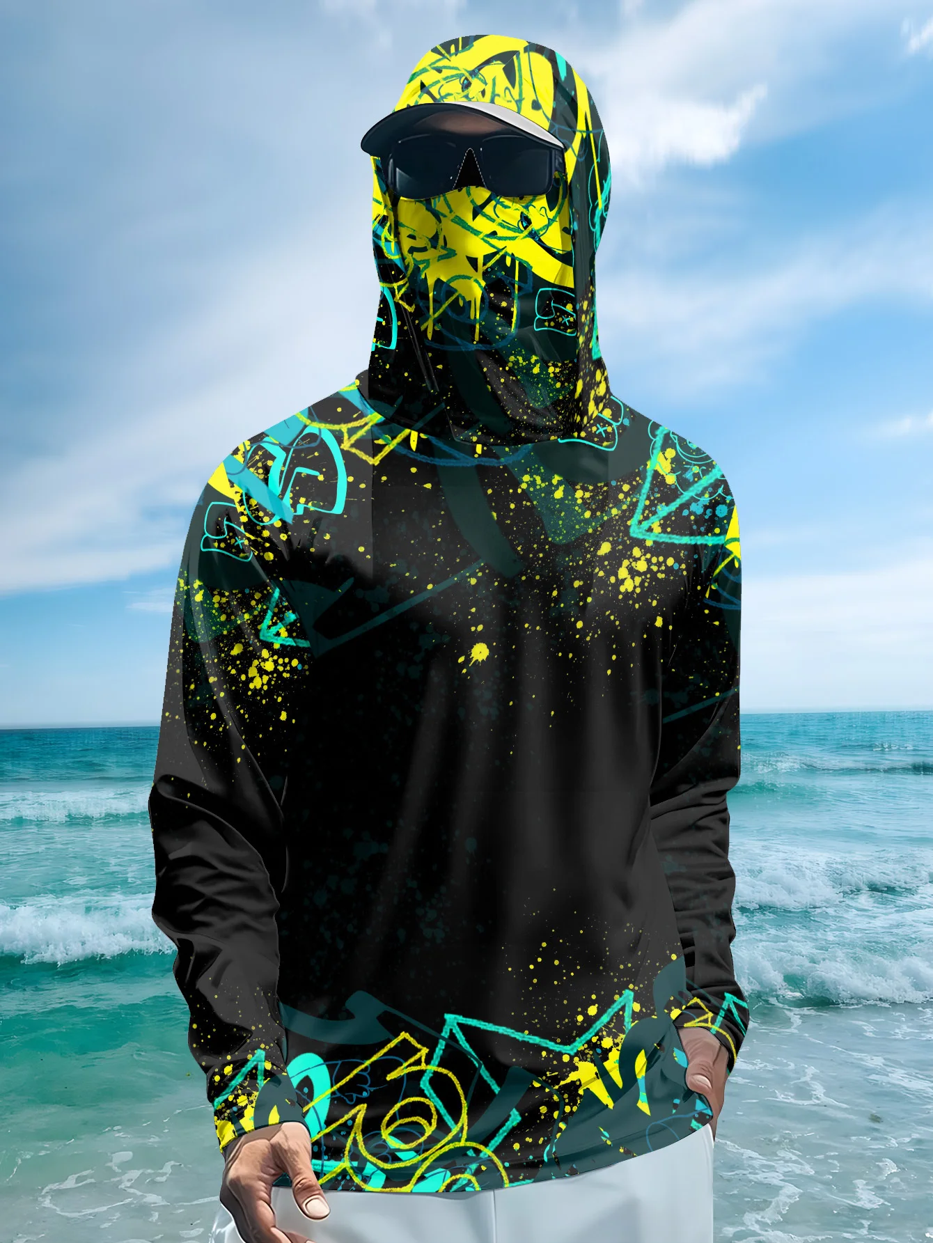 Fishing Mask Sun Protection - Heren UPF50+ vishoodie met gezichtsmasker, graffiti